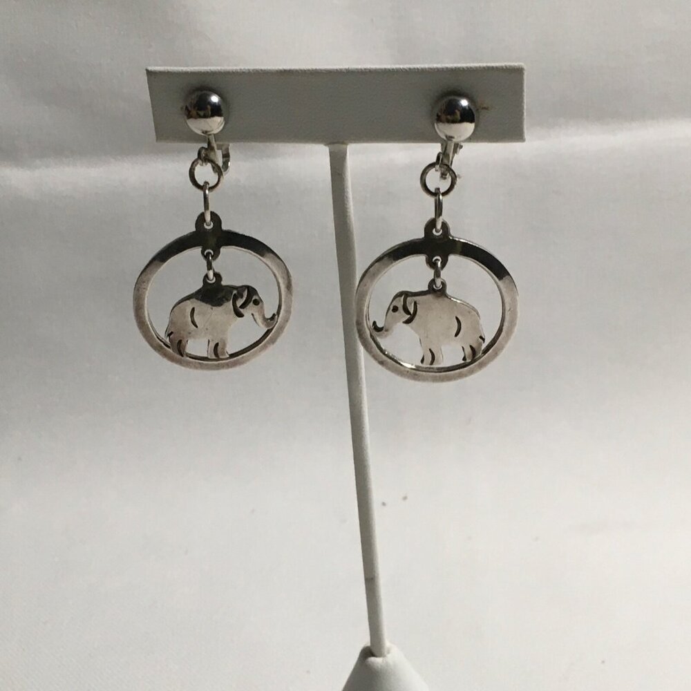 Taxco Sterling Silver Earrings Dangling Elephants  Trunk Up Hoop Clip On